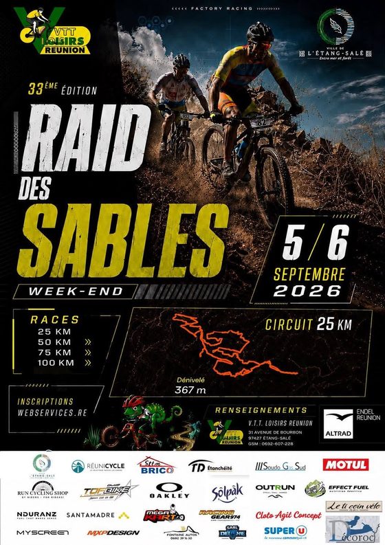 Affiche du 33e Raid des Sables, 5 et 6 septembre 2026, courses de 25 à 100 km
